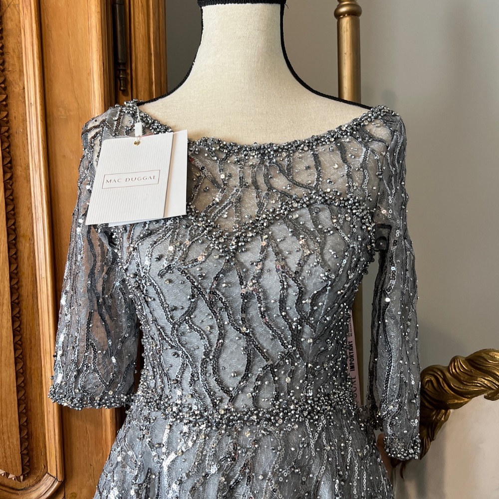 NWT Mac Duggal [2] 20252 Embellished A-Line Cocktail Dress Silver Gray Sequin - Picture 5 of 13